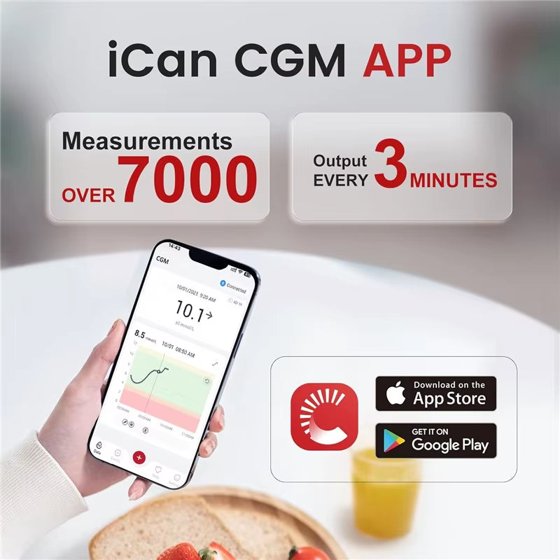 Ican I3 CGM with English APP 15 Days Blood Glucose Monitor Glucometer 24H Real-Time Sensor Meter for Diabetes Medical